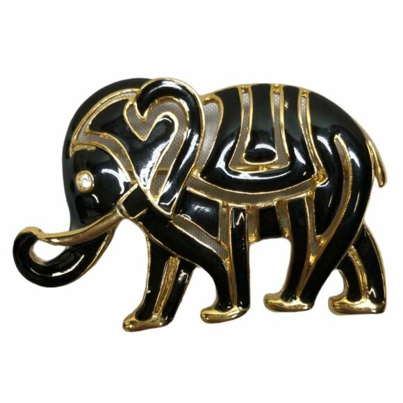 Elephant Brooch Pin Black Enamel Gold Color Figural Alloy Tribal Costume Jewelry - Picture 4 of 8